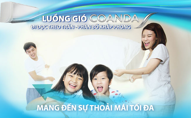 Luồng gió Coanda thổi gió ngược lên trần nhà và phẩn bổ đều khắp phòng